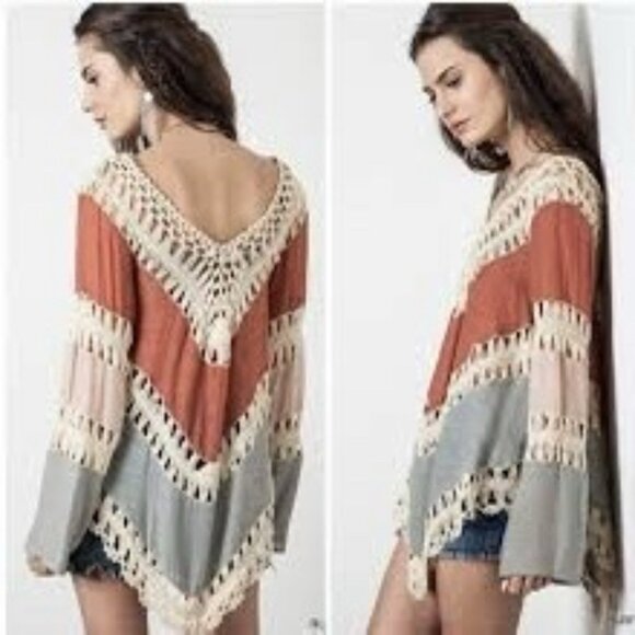 Crochet Tunic Top Shirt Sz M 100% Cotton Boho Color Block Long Slv Flowy Western - Picture 3 of 14